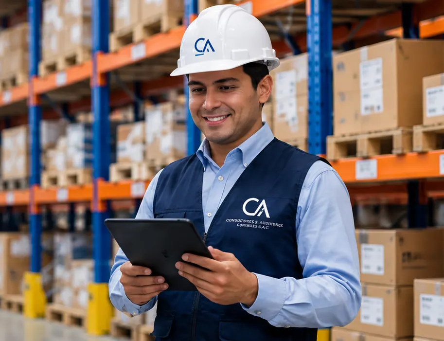 Consultor de CYA con casco y tablet sonriendo en un almacén
